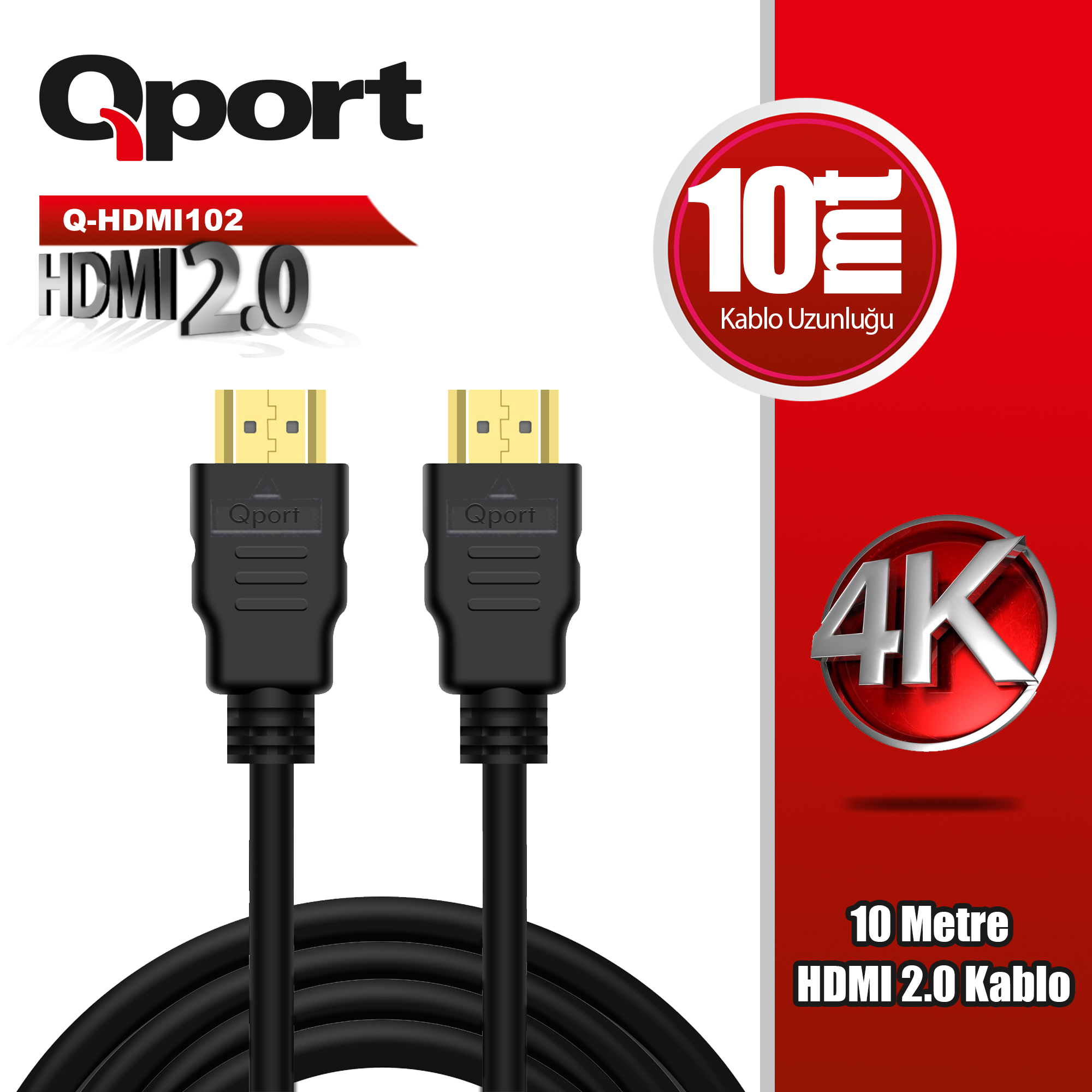 QPORT 10metre Q-HDMI102 HDMI Kablo 3D Gold 2.0V 4K 60HZ